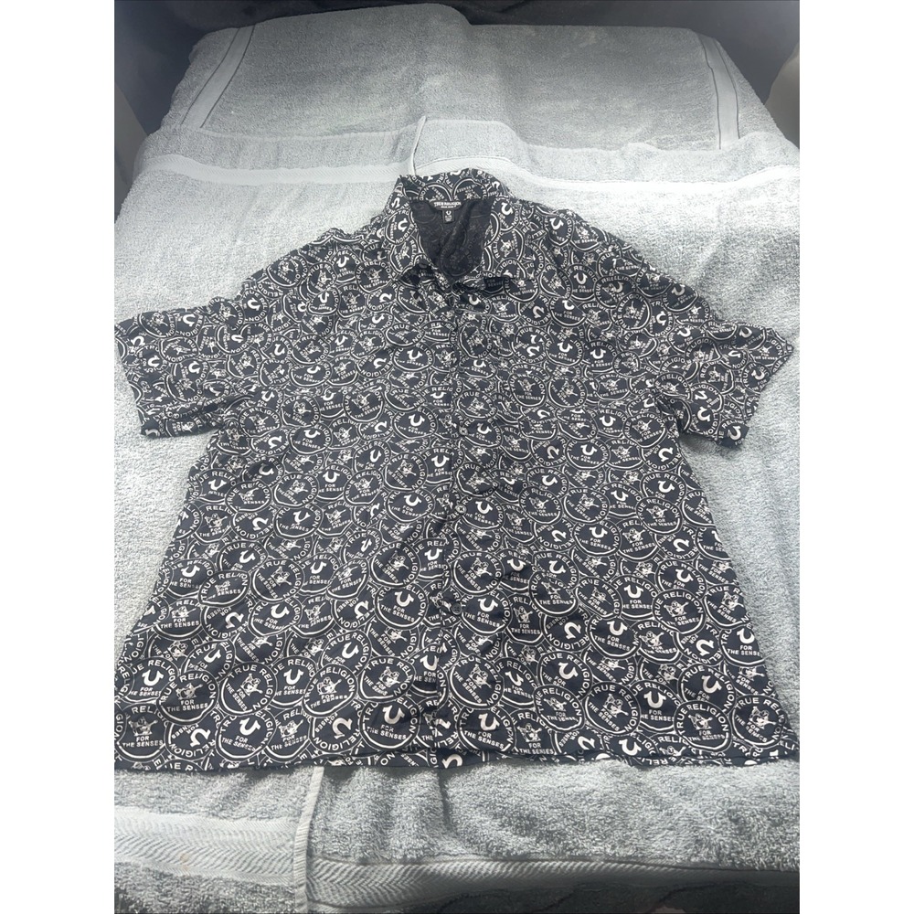 New True Religion Men's Button Up Shirt Size XL Black Logo Patch Happy Buddha TR